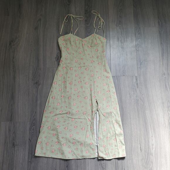 Romantic Garden Party Dress Midi Linen Green Pink Feminine Whimsi Cottagecore - Picture 1 of 10
